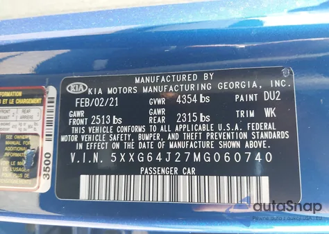 2021 Kia K5 Gt-Line z USA, uszkodzony, nr VIN 5XXG64J27MG060740